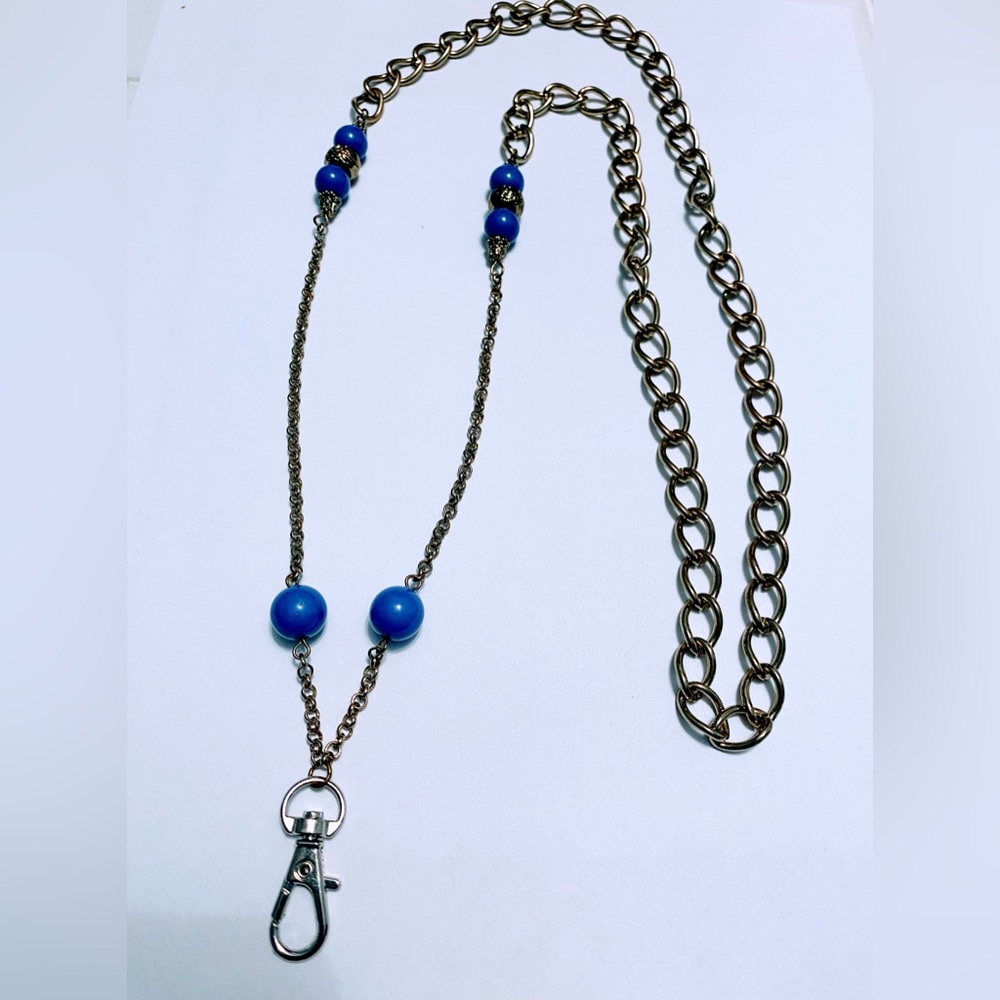 Blue Bead Pendant Lanyard Card Holder
